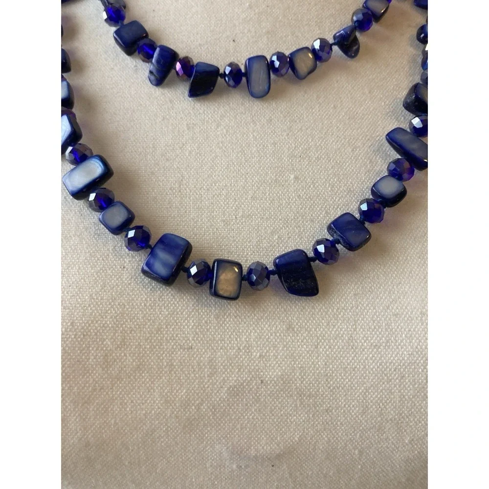 Cobalt Blue Double Strand Beaded Necklace Glass & Shell Chip Beads Artsy